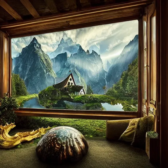 Image similar to fantastical living room with switzerland landscape in the window by marc adamus, beautiful dramatic lighting, overgrown with funghi, style by peter deligdisch, peterdraws