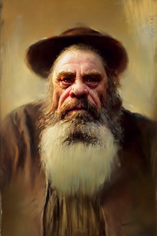 Image similar to soft colorsphotograph imax and solomon joseph solomon and richard schmid and jeremy lipking victorian loose genre loose painting full length portrait painting of grumpy the dwarf disney