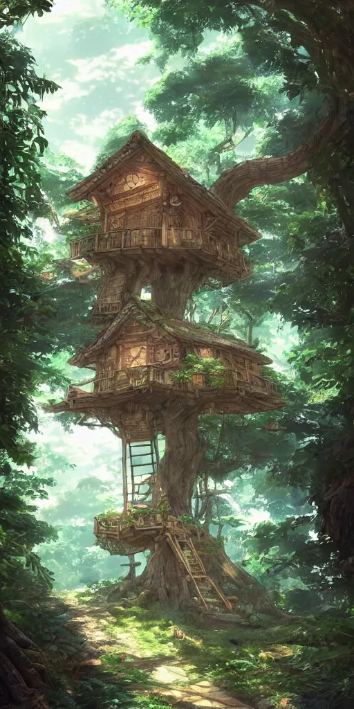 Image similar to beautiful tree house on a forest path, beautiful ancient trees, hiding large treasure chest, serene evening atmosphere, soft lens, soft light, cel - shading, animation, in the style of cgsociety, deviantart, artstation, zbrush, cinema 4 d, studio ghibli, akihiko yoshida, atelier lulua, masamune shirow