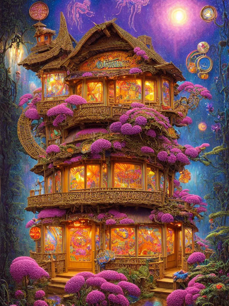 Prompt: intricate detailed Fortune teller cabin covered in flowers james gurney, Lisa Frank, dan luvisi,Petros Afshar,tim hildebrandt,liam wong,Mark Riddick,thomas kinkade,ernst haeckel,dan mumford,trending on artstation,josephine wall, WLOP ,cgsociety by Gediminas Pranckevicius, trending on cgsociety and DeviantArt