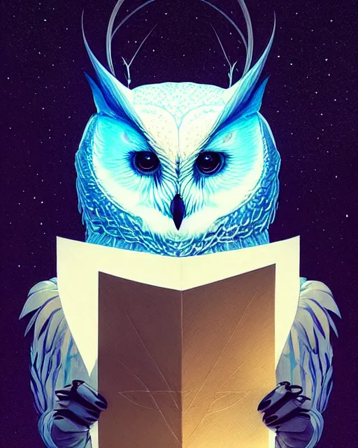 Prompt: beautiful polar owl holding a letter, by artgerm, victo ngai, ryohei hase, artstation, highly detailed digital painting, smooth, global illumination, fantasy art by greg rutkowsky, karl spitzweg, leyendecker