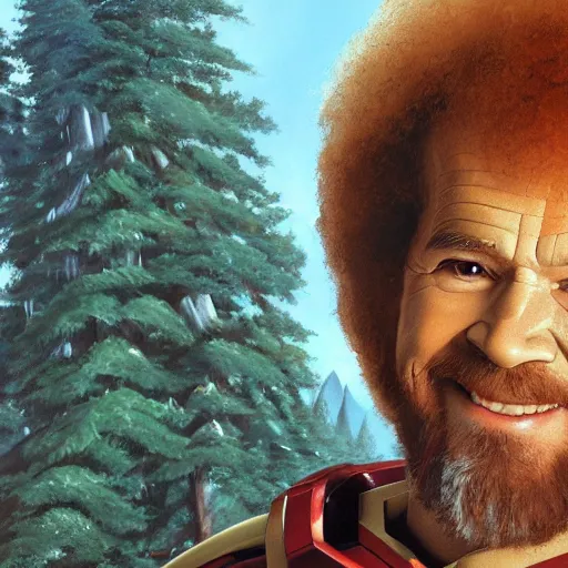 Image similar to a closeup photorealistic photograph of bob ross holding a paintbrush and diligently finishing a canvas painting of iron man. mountains and trees. film still. brightly lit scene. this 4 k hd image is trending on artstation, featured on behance, well - rendered, extra crisp, features intricate detail, epic composition and the style of unreal engine.