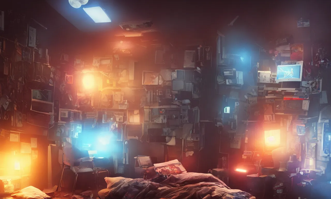 Prompt: An hacker's bedroom, by Kung Fury, by Ready Player One, by Mr Robot, digital art, realistic volumetric lighting, realistic reflections, rendered by Octane, highly realistic, 4k wallpaper, trending on Artstation