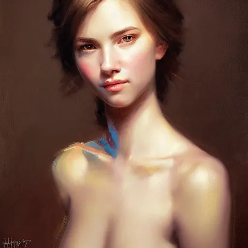 Image similar to Facial portrait of a cute girl, looking at the camera, slight awkward smile, lips slightly parted, no hands visible, elegant, intricate, extremely detailed painting by Greg Rutkowski and by Henry Justice Ford and by Steve Henderson