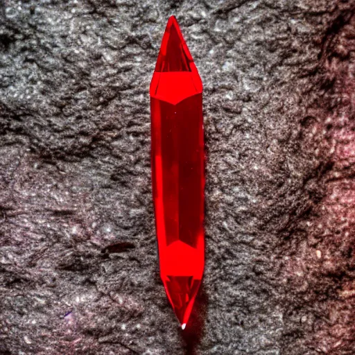 Prompt: a deep red, glowing, elongated crystal on a rock, film grain