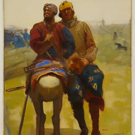 Prompt: portrait of man waring chinmail and gambeson, holding lance and sitting on horse wearing caparisons, medieval by greg manchess, bernie fuchs, walter everett, lost edges