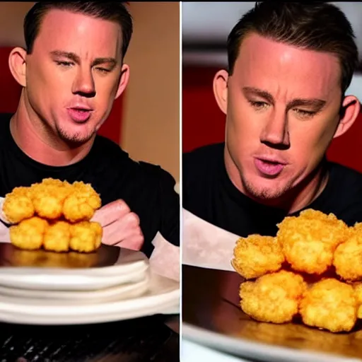 Image similar to channing tatum's face as tater tot on a plate with ketchup