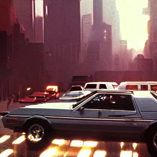 Image similar to muscle car in crowded cityscape, blade runner (1982), shallow depth of field medium shot, award winning, gritty, god rays