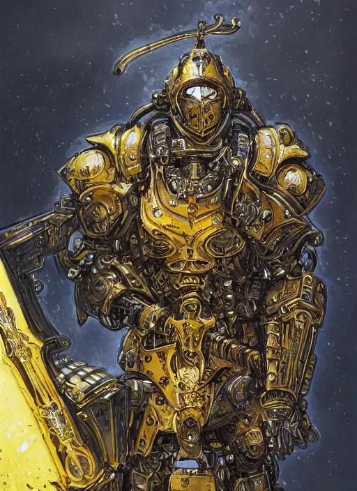 Image similar to dynamic portrait of a intricate glorious holy mechanical warforged character in yellow armor holding a paladin engraved great longsword and carrying a big paladin shield, spotlight from face , epic , trending on ArtStation, masterpiece, cinematic lighting, by Jesper Ejsing and by Philippe Druillet and by Yoann Lossel and by John Salminen