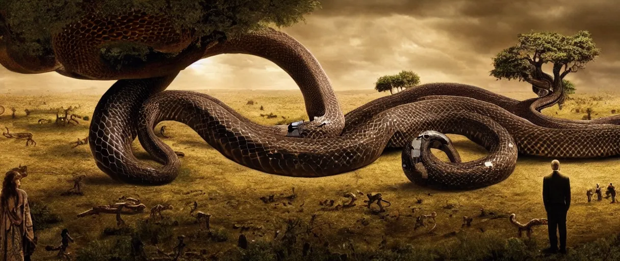 Image similar to a giant snake around the tree of life, high detail, 8k, ornate, dark fantasy, maximalist, realistic, masterpiece, complex, WLOP, film still from the movie directed by Denis Villeneuve with art direction by Salvador Dalí