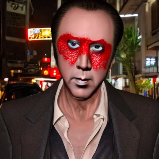 Prompt: nicolas cage as goro majima from yakuza game series on the streets on night tokyo, highly detailed