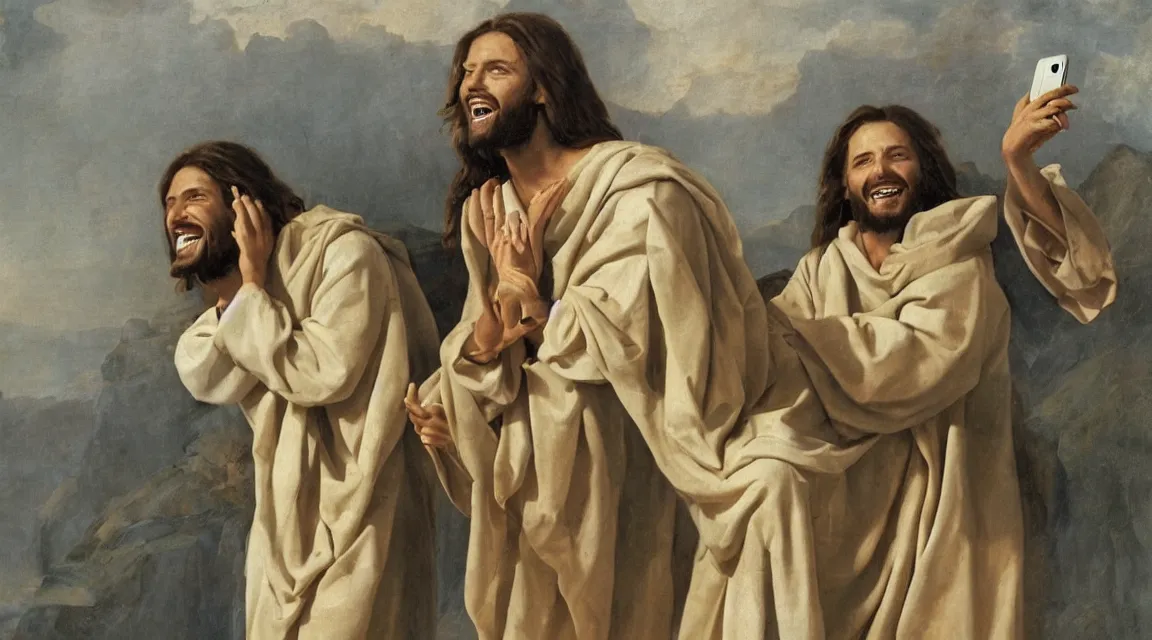 Image similar to portrait of one Jesus laughin because see a meme in him cellphone, no letters, one person