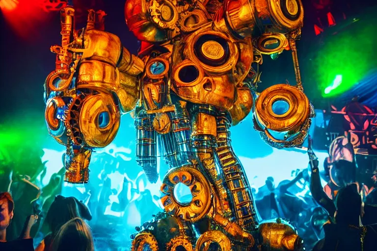 Image similar to scene is elrow party in ushuaia in ibiza, portrait photo of a giant huge golden and blue metal steampunk robot, with gears and tubes, eyes are glowing red lightbulbs, shiny crisp finish, 3 d render, 8 k, insaneley detailed, fluorescent colors, haluzinogetic, background is multicolored lasershow