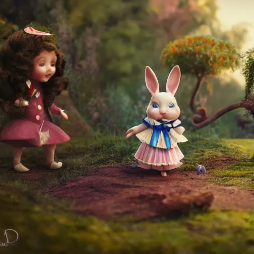 Image similar to rabbit checking pocket watch doll figurine, alice in wonderland theme, octane render 8 k, disney inspired landscape, artstation, cinematic lighting, hd, ultra realistic