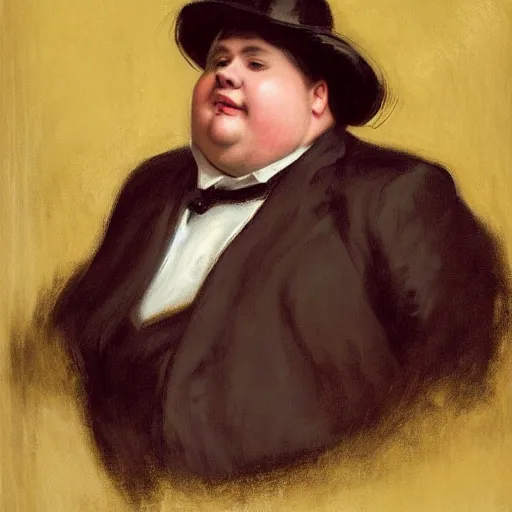 Image similar to highly detailed portrait of a grossly obese flamboyant man who is shaped like a pear artstation, 8 k, sfx, john singer sargent.
