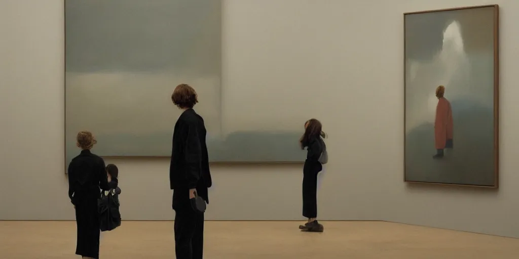 Prompt: an modern art gallery with pictures in the style of tim eitel in 2 0 2 1