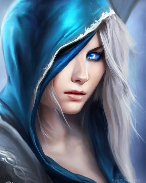 Image similar to A beautiful mysterious girl with hooded cobalt-blue eyes and silky white hair, guitar shape build, her wardrobe is attractive, full body, fantasy art, in the style of Fernando Juarez, illustration, epic art, fantasy, intricate, elgant, amazing detail, digital painting, artstation, concept art, smooth, sharp focus