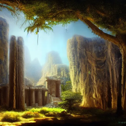 Image similar to phoenician temple in the woods of maine, artstation, matte oil painting, crisp, sharp, darrell k sweet, mysterious