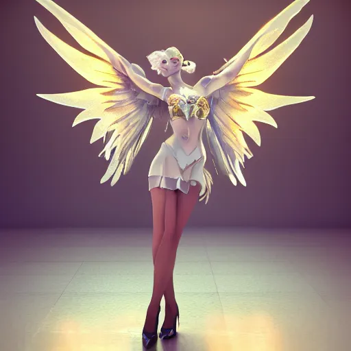 Image similar to fantasy angel with wings inspired avant - garde art, deco fashion, highly detailed, photorealistic portrait, bright studio setting, studio lighting, crisp quality and light reflections, unreal engine 5 quality render