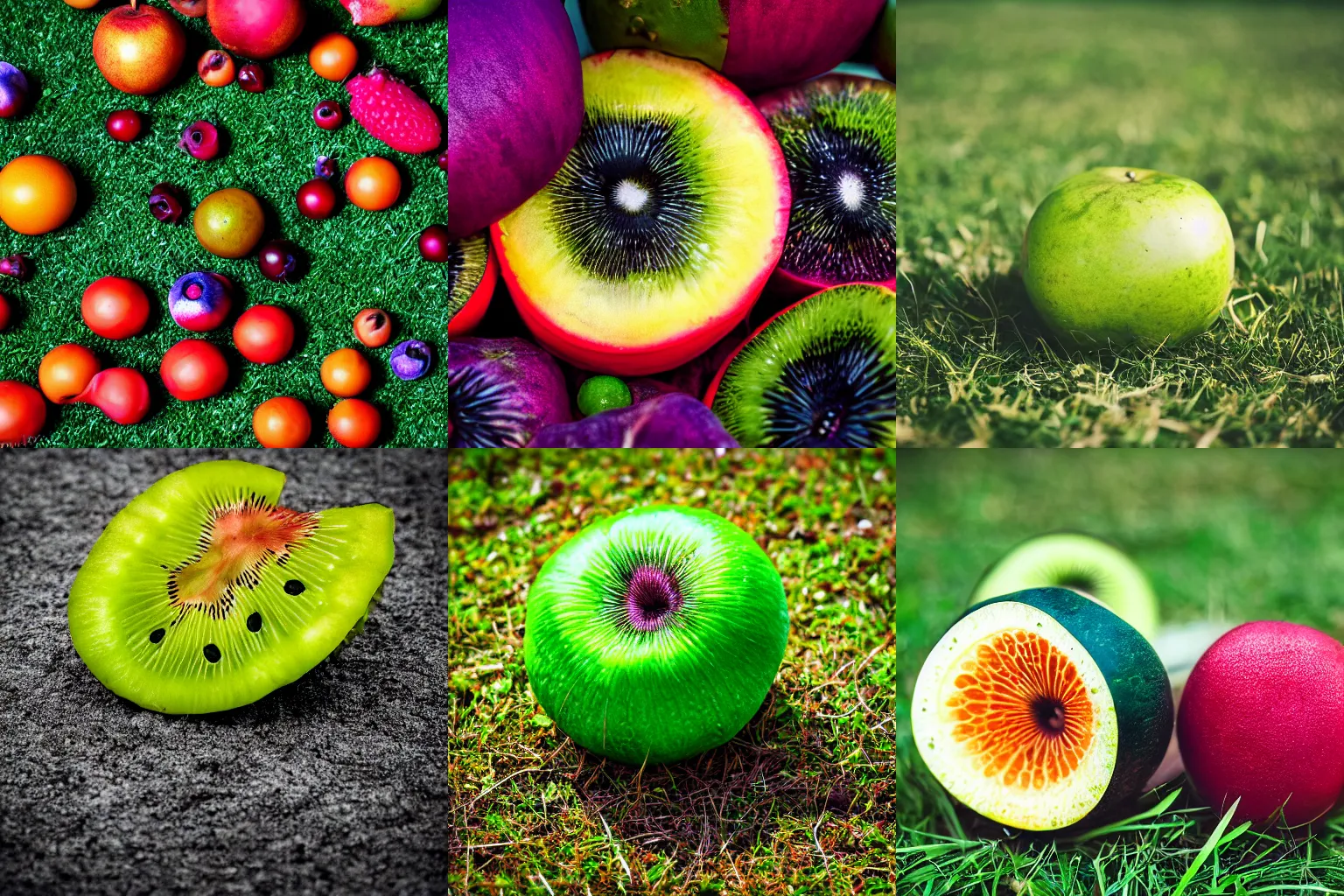 Prompt: Photograph of otherworldly fruit on grass, vibrant, studio, f/4.5, 50 mm, 1/100 sec, ISO-250