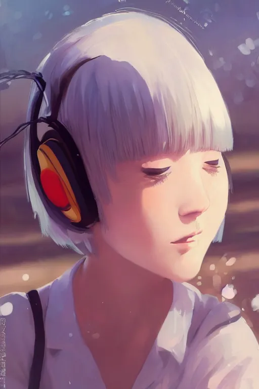 Prompt: a cute young woman listening to music with her eyes closed and wearing headphones by Ilya Kuvshinov, white bob cut hair, freckles, dark thunderclouds in the backround, blue filter, blue and white, vivid colors, soft lighting, cinematic, moody, nier automata, poster, oil on canvas, influenced by Range Murata and Krenz Cushart, 8k