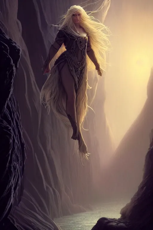 Image similar to A beautiful Norse Goddess with long flowing blonde hair on a ledge od deep abyss fantasy, intricate, elegant, highly detailed, D&D, digital painting, artstation, concept art, matte painting, sharp focus, illustration, extremely moody lighting, glowing light and shadow, atmospheric, shadowy, cinematic, in the style of Greg Rutkowski and artemisia gentileschi and Alphonse Mucha