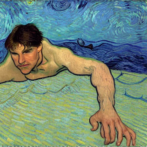 Image similar to Tom Cruise swimming in the sea by Van Gogh