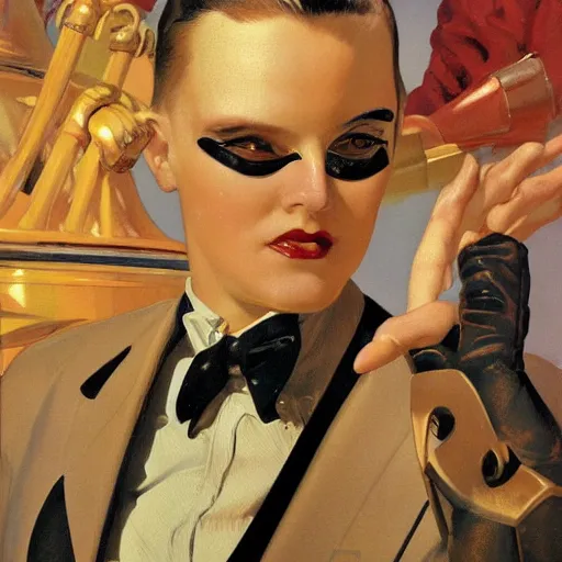 Image similar to closeup painting of uncannily beautiful aristocrat wearing latex and bronze catsuitand face paint inside bronze art deco arcology, science fiction by j. c. leyendecker