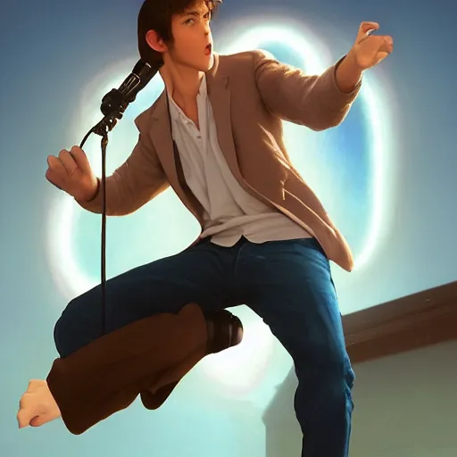 Image similar to a handsome young man with sandy brown hair and blue eyes singing into a neon blue microphone headset posing on stage. dynamic!! pose. gesture drawing. concert. cinematic lighting. wide shot photorealistic. hyper realism. ray tracing hdr. intricate detailed masterpiece. by bouguereau and shigenori soejima ruan jia. lifelike.