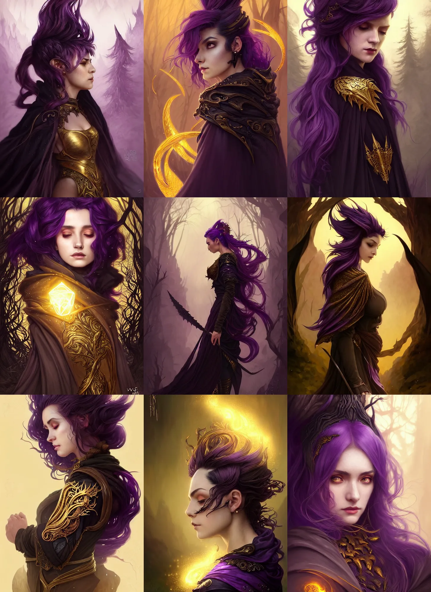 Prompt: golden elements at borders, side portrait dark witch, adventurer outfit large cloak, fantasy forest landscape, dragon scales, fantasy magic, undercut hairstyle, short purple black fade hair, dark light night, intricate, elegant, sharp focus, illustration, highly detailed, digital painting, concept art, matte, art by WLOP and Artgerm and Greg Rutkowski and Alphonse Mucha, masterpiece