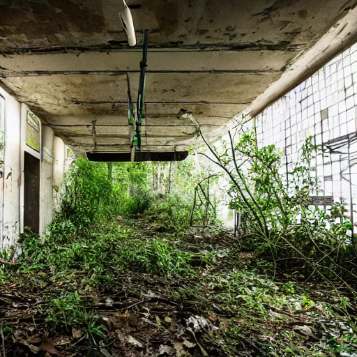 Prompt: an abandoned subway station overgrown with foliage, sun beams shining from the street above
