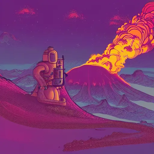 Prompt: a purple dragon blowing green fire fighting a retro spaceship with a volcano in the background, concept art by kilian eng