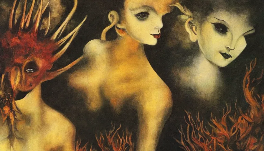 Image similar to surrealist otherworldly beautiful painting by Leonor Fini, Jane Graverol, Marion Elizabeth Adnams, Edith Rimmington, Bridget Tichenor, high quality, high resolution, artistic wallpaper