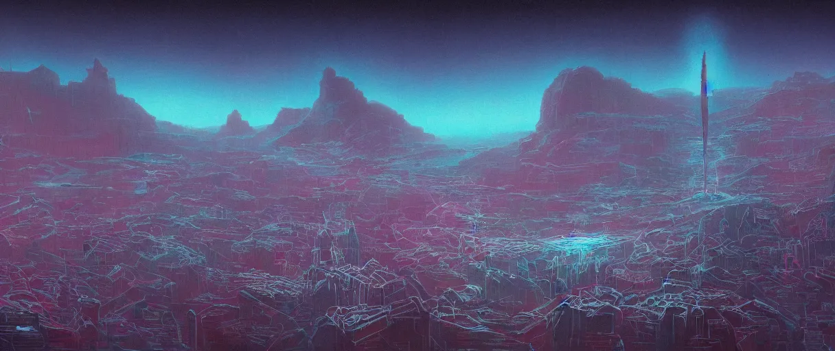 Prompt: (((neon palette))), humanity industrial!!! spaceship!!, deep space exploration!!!, ridley scott universe, mysterious, ultrarealistic, illustrative!!, apparent brush strokes, hyperdetailed, cinematic lighting, 4k, wide angle, trending on artstation, beksinski, design by moebius