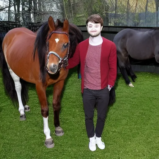 Prompt: photo of Daniel Radcliffe looking suspiciously happy with a horse,
