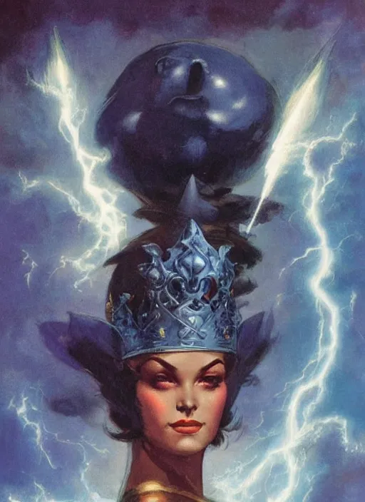 Image similar to mighty plump female sorceress, blue tiara, lightning strike above head, strong line, muted color, beautiful! coherent! by frank frazetta, by brom