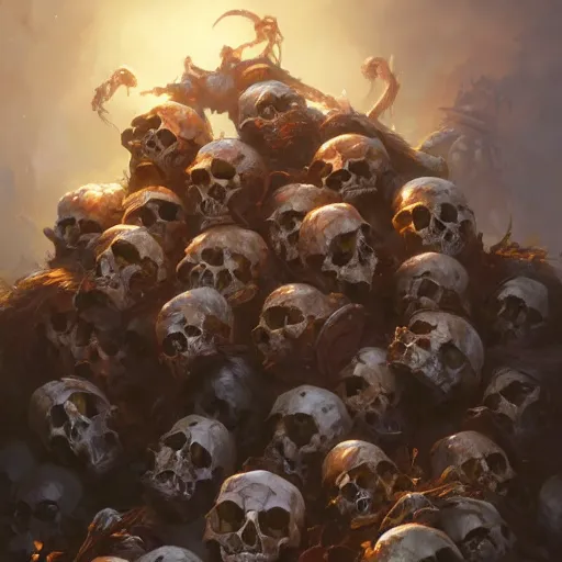 Prompt: a pile of skulls, by justin gerard and greg rutkowski, digital art, realistic painting, dnd, character design, trending on artstation