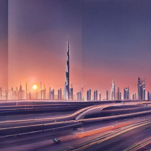 Prompt: most advanced Dubai city dramatic lighting detailed straight lines and elegant curves beautiful sunset road network vegetation water lights birds clouds proportional symmetrical minimalism photorealistic sky render octane architecture design planning oil painting Edward hooper