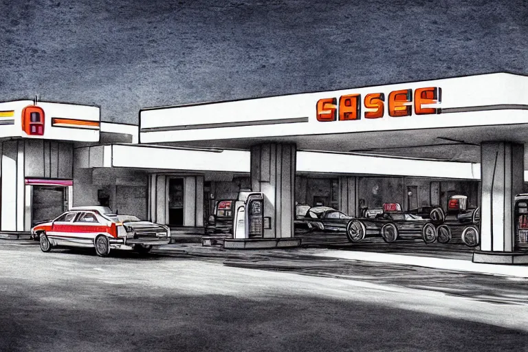 Image similar to a pencil and watercolor art of a beautiful luxurious gas station, retro and 1 9 8 0 s style, beautiful architecture, retro coloring, retro and 1 9 8 0 s style, retro and 1 9 8 0 s filter, black and white, no color