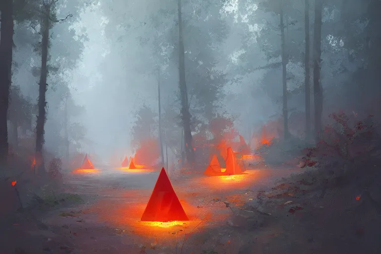 Image similar to orange construction cones, in a forest, atmosphere, highly detailed, craig mullins, james jean, digital painting, cinematic lighting, 4 k