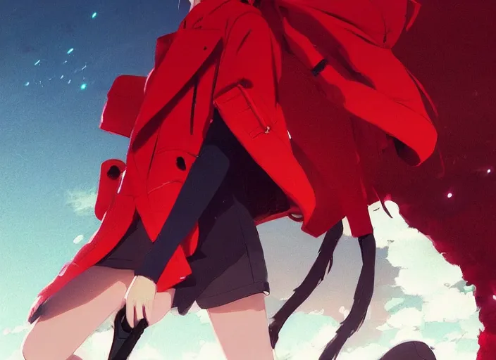 Prompt: a stylish woman in a red jacket and sneakers laying on the ground, illustration concept art anime key visual trending pixiv fanbox by wlop and greg rutkowski and makoto shinkai and studio ghibli and kyoto animation, grimdark, symmetrical facial features, dieselpunk, backlit