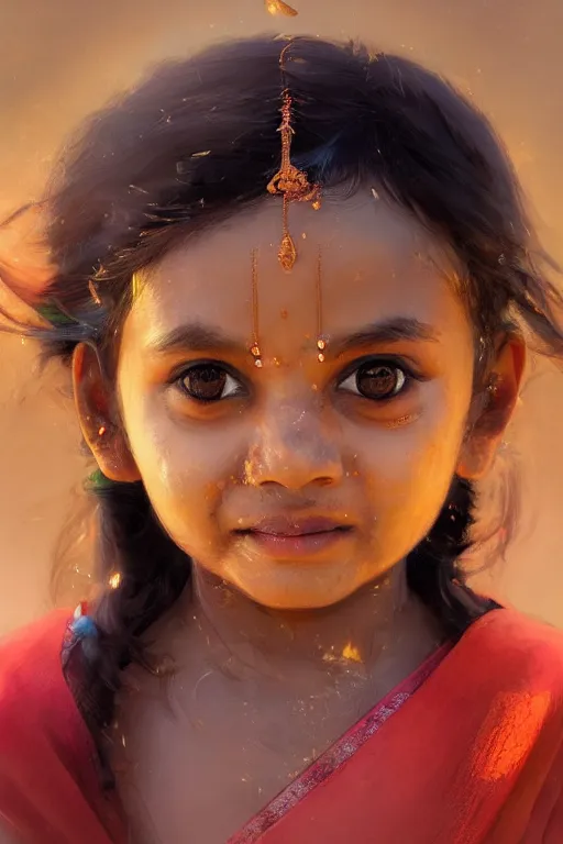 Image similar to hindu little girl, joyful, close - up portrait, intricate, elegant, volumetric lighting, scenery, digital painting, highly detailed, artstation, sharp focus, illustration, concept art, ruan jia, steve mccurry