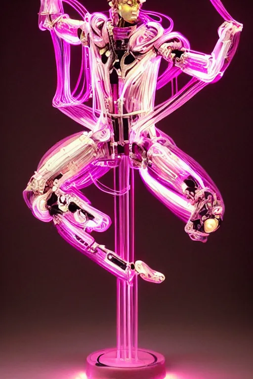 Image similar to full-body baroque and bladerunner style pink neon and chrome statue of a muscular handsome Spanish ninja robot god humanoid wearing a see-through silk cloak sim roupa, posing like a falling model, suspended from the ceiling with thick white cables, glowing peach face, street hoody of red steampunk lasers, emeralds, swirling silver silk fabric. futuristic elements. oozing glowing liquid, full-length view. space robots. human skulls. throne made of bones, intricate artwork by caravaggio. Trending on artstation, octane render, cinematic lighting from the right, hyper realism, octane render, 8k, depth of field, 3D