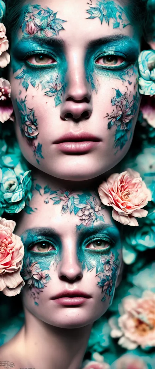 Image similar to hyperrealistic hyper detailed close-up side portrait of gorgeous woman covered in rococo flower tattoos matte painting concept art hannah yata very dramatic dark teal lighting low angle hd 8k sharp 35mm shallow depth of field