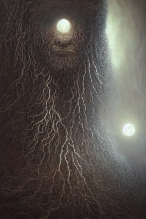 Image similar to Intricate stunning highly detailed Bigfoot by agostino arrivabene and Vladimir Kush, surreal, digital painting, ultra realistic, Horror vacui, dramatic lighting, full moon, thick black swirling smoke tornado, burning fire embers, artstation