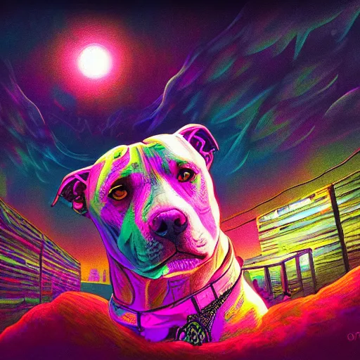 Image similar to psychedelic pit bull magic, at gentle dawn neon light, highly detailed, artistic composition, sharp focus, intricate concept art, digital painting, colorful flat surreal design, hd, 8 k, artstation, ambient lighting