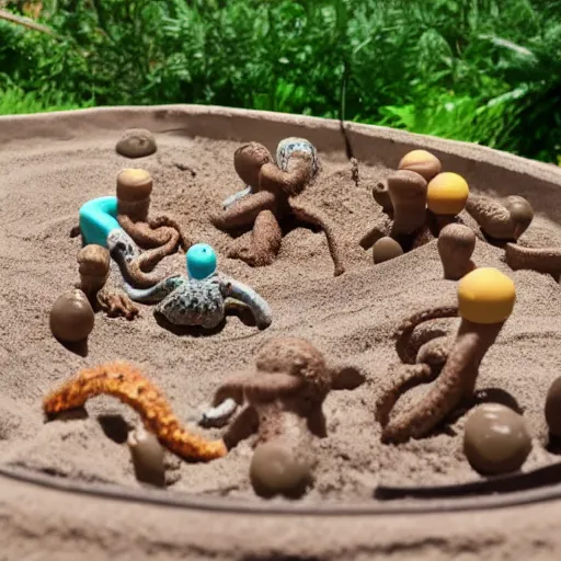 Prompt: a tiny people at a clay pool model full of resin as water which has a model of a clay octopus inside, resin and clay art.