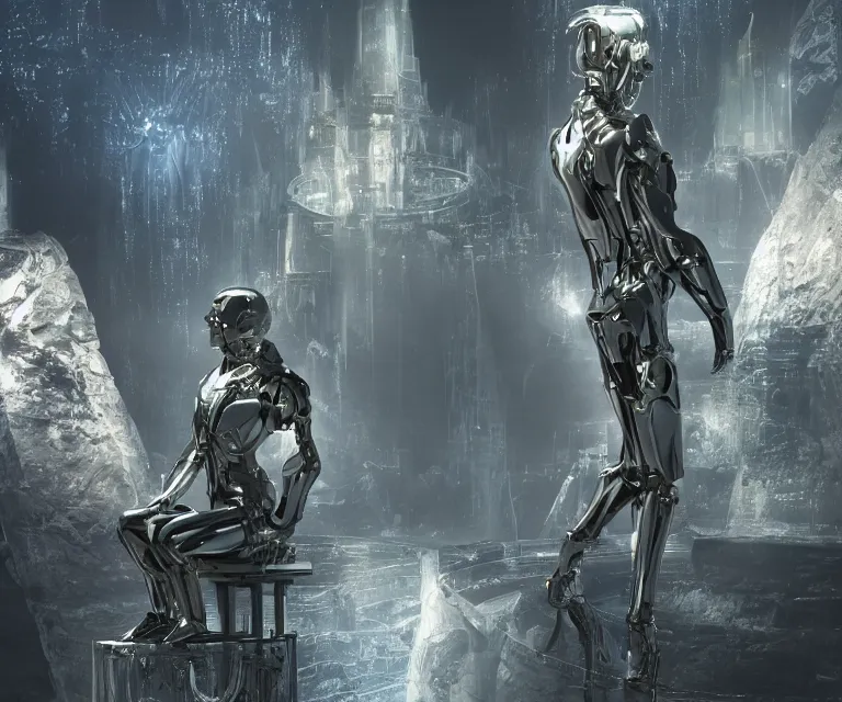 Prompt: translucent glowing cyborg sitting on a metal throne, futuristic castle as background, fantasy sci - fi, fine details, metallic, 2 0 0 mm focus, bokeh