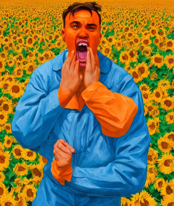 Image similar to a closeup portrait of a man in an orange prisoner overall, standing in beautiful sunflower field, screaming and sad, highly detailed, aesthetic clouds in the sky, in the style of edward hopper, very fine brush strokes, 4 k,