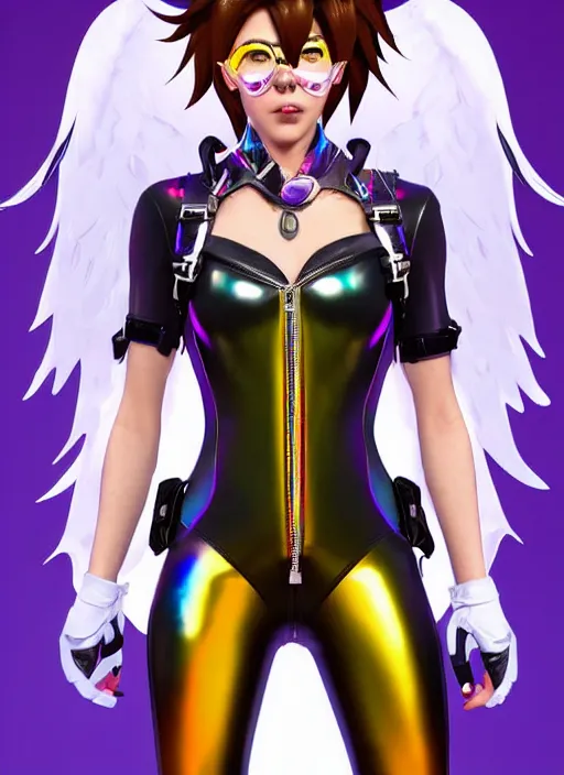 Image similar to portrait bust digital artwork of tracer overwatch, wearing iridescent rainbow latex and leather straps catsuit outfit, expressive happy face, makeup, in style of mark arian, angel wings, wearing detailed leather collar, chains, black leather harness, detailed face and eyes,
